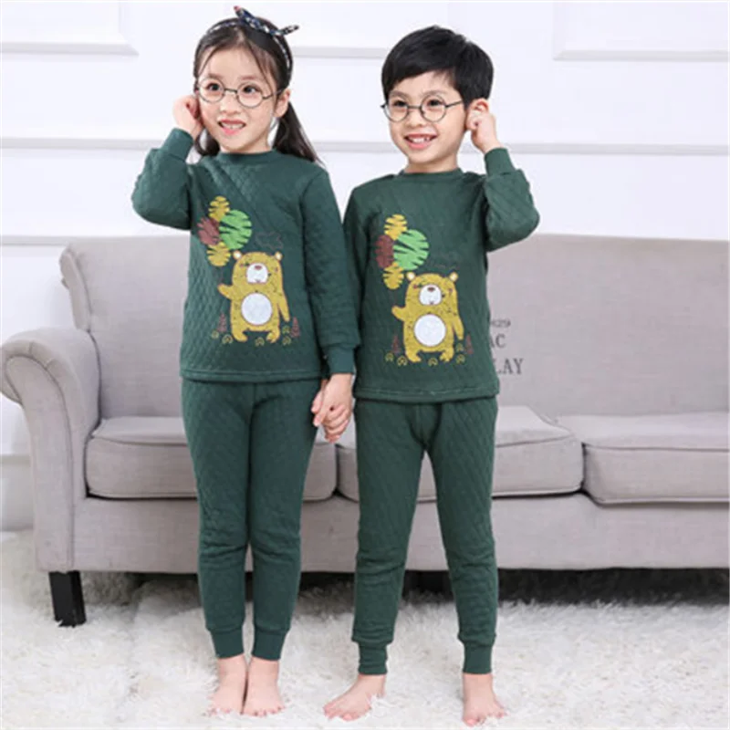 Children Underwear Suits Children Clothes Cartoon Style Children Cotton Thermal Underwear Suit Three-layer Thick Warm Clothing Boys Girls Winter Soft Home Clothes Pajamas
