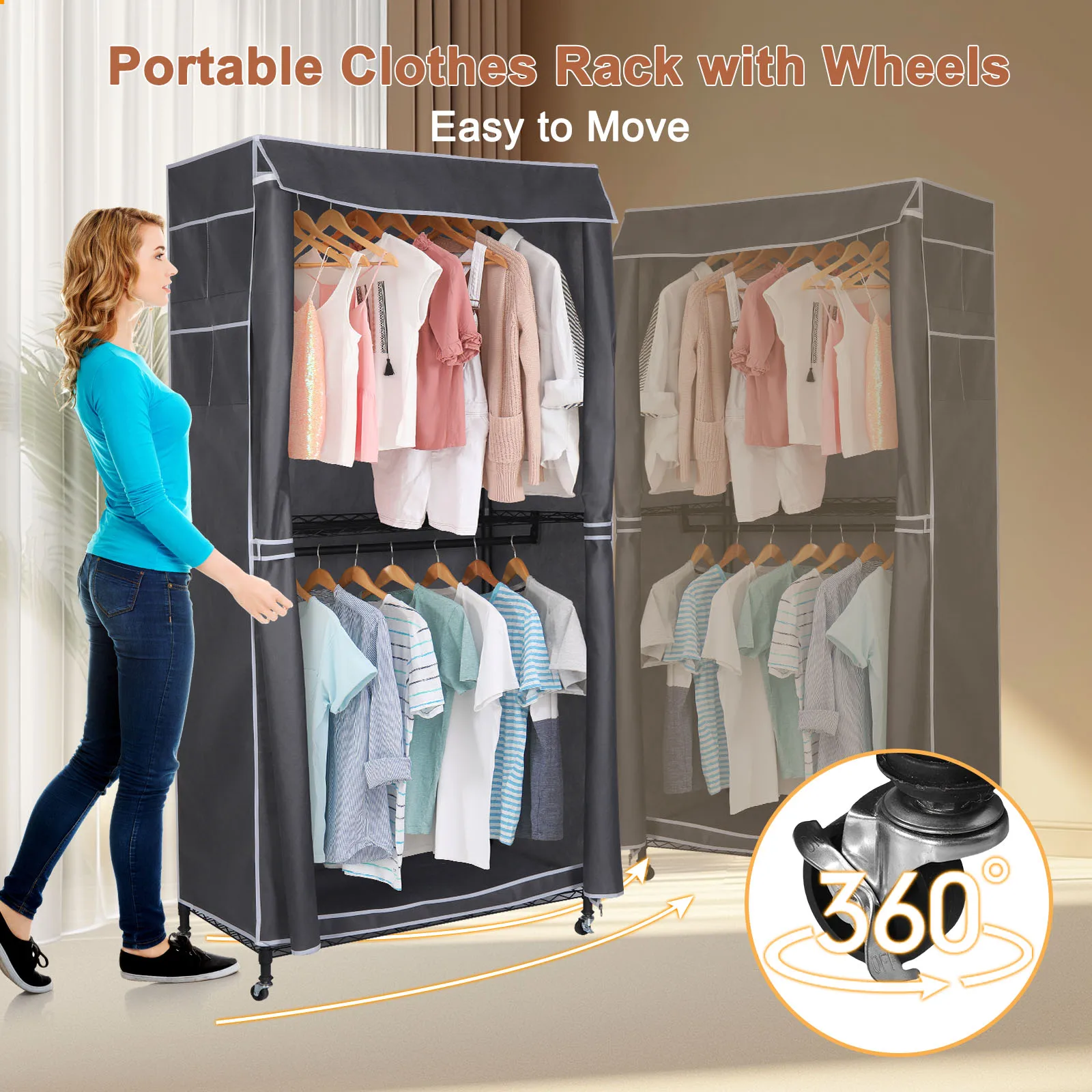 Rolling Clothing Rack with Wheels Multifunctional Heavy Duty Garment Rack with Cover for Coats Shirts Dress