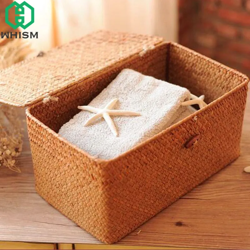 WHISM-Wicker Woven Storage Basket with Lid, Rattan Sundries Storage Box, Handmade Sorting Boxes, Seagrass Jewelry Organizer 4