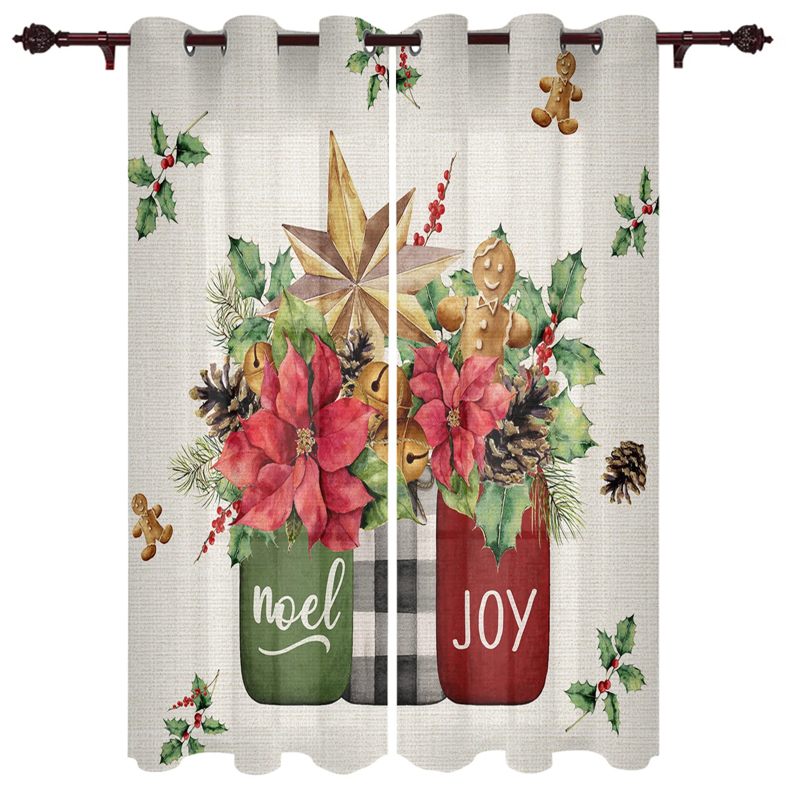 

Christmas Poinsettia Flowers Berries Window Curtains for Living Room Bedroom Luxury Modern Kitchen Curtains Fabric Drapes