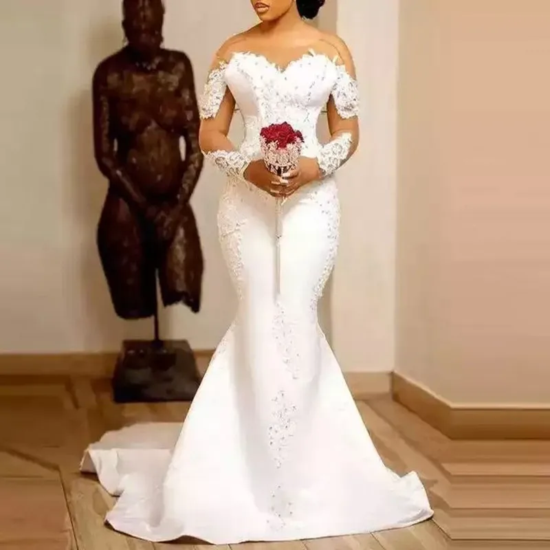 

Женское свадебное платье с блестящими бусинами, с длинными рукавами