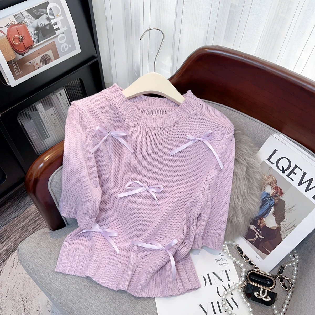 

Женский трикотажный свитер с бантом, розовый джемпер с коротким рукавом, облегающий джемпер в Корейском стиле, одежда для лета, 2024
