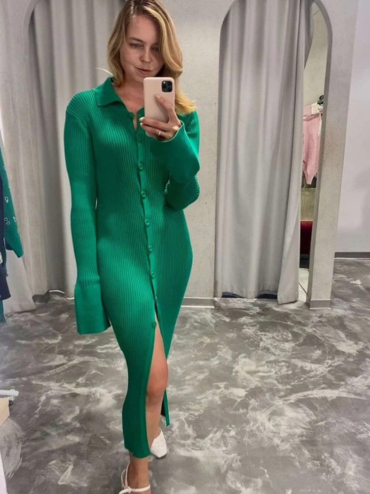 

Autumn Winter Women Knitted Dress Single Breasted Split Long Sleeve Sweater Dresses Female Turn Down Collar Office Lady Vestidos