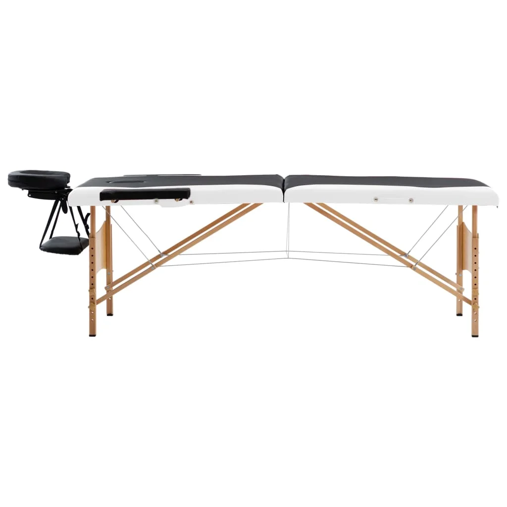 Mesa de masaje portátil de madera, mesa de masaje plegable ergonómica, cama facial profesional, 2 zonas, blanco y negro