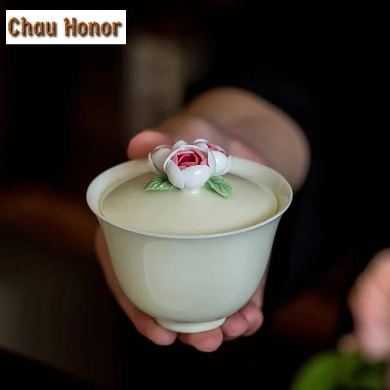 125ml High-end Handmade Pinch Flowers Gaiwan Tea Tureen Tea Bowl with Lid Kit Tea Maker Cover Bowl Chinese Tea Set Ornaments