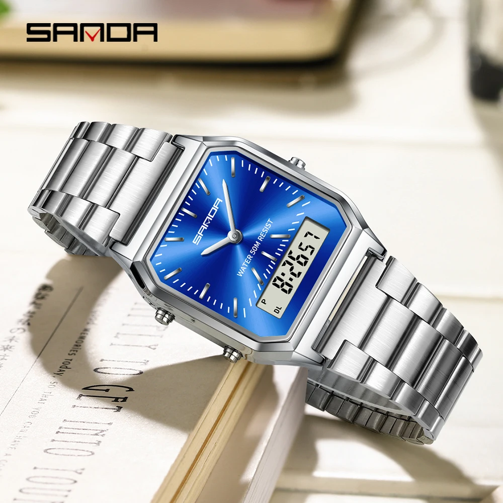 SANDA 747 Stainless Steel LED Digital Dual Display Clock Unisex