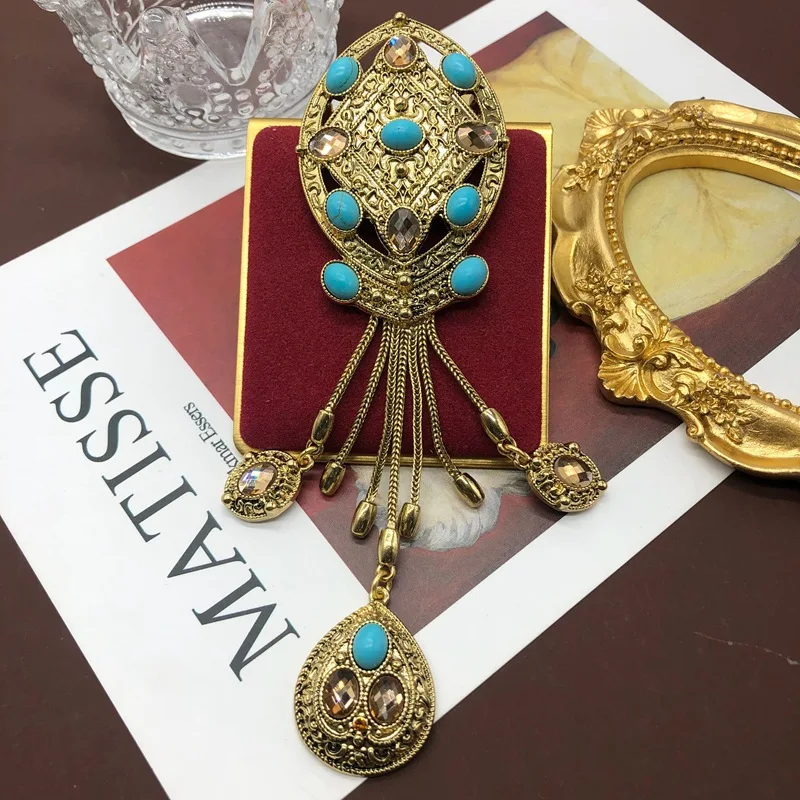 Vintage turquoise antique carved pattern tassel versatile brooch
