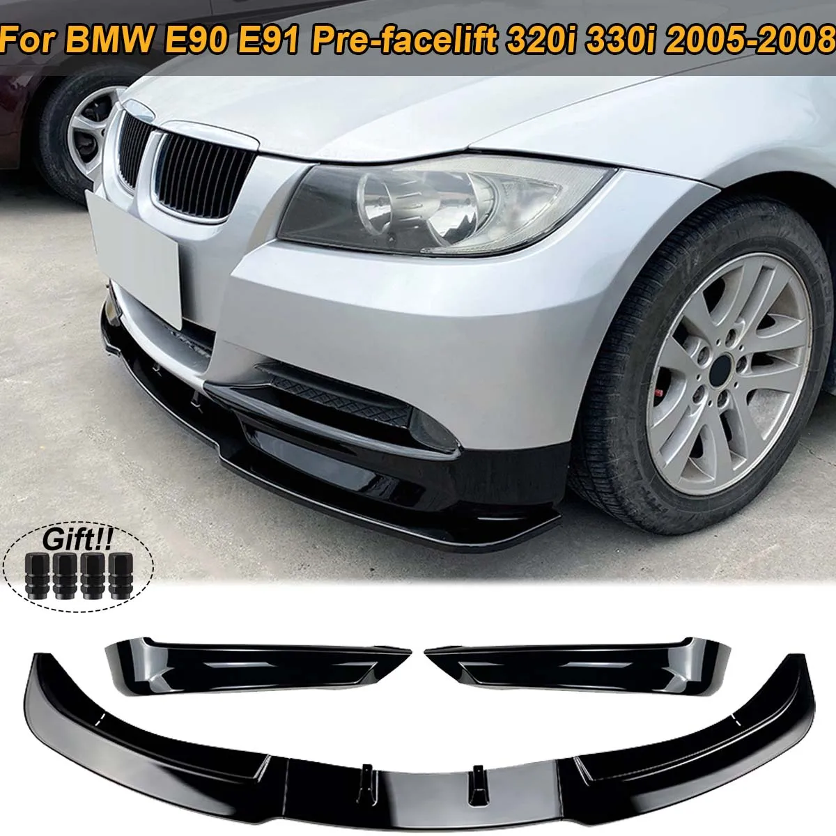 5pcs/set Front Bumper Lip + Side Splitter Canards Diffuser Body Kit For Bmw E90 E91 320i 325i