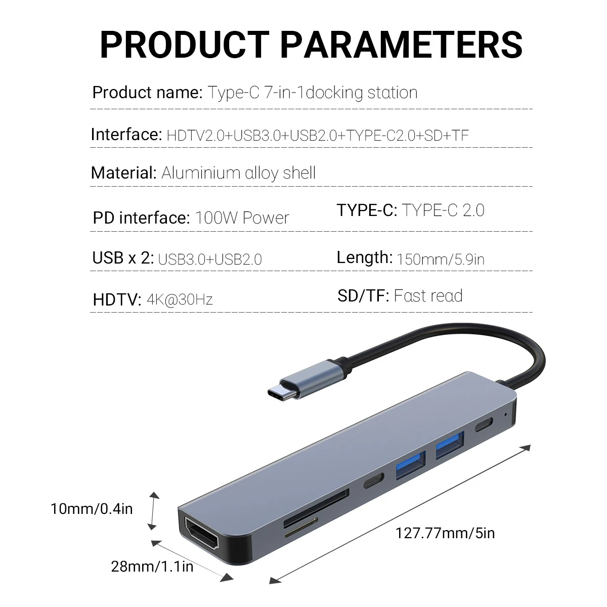 7-in-1 Type-C Hub With 4K30Hz HDMI2.0 PD100W Power USB2.0 and USB3.0 SD/TF Card Reader Adpater For SamsungS10/NOTE/Huawei/OPPO