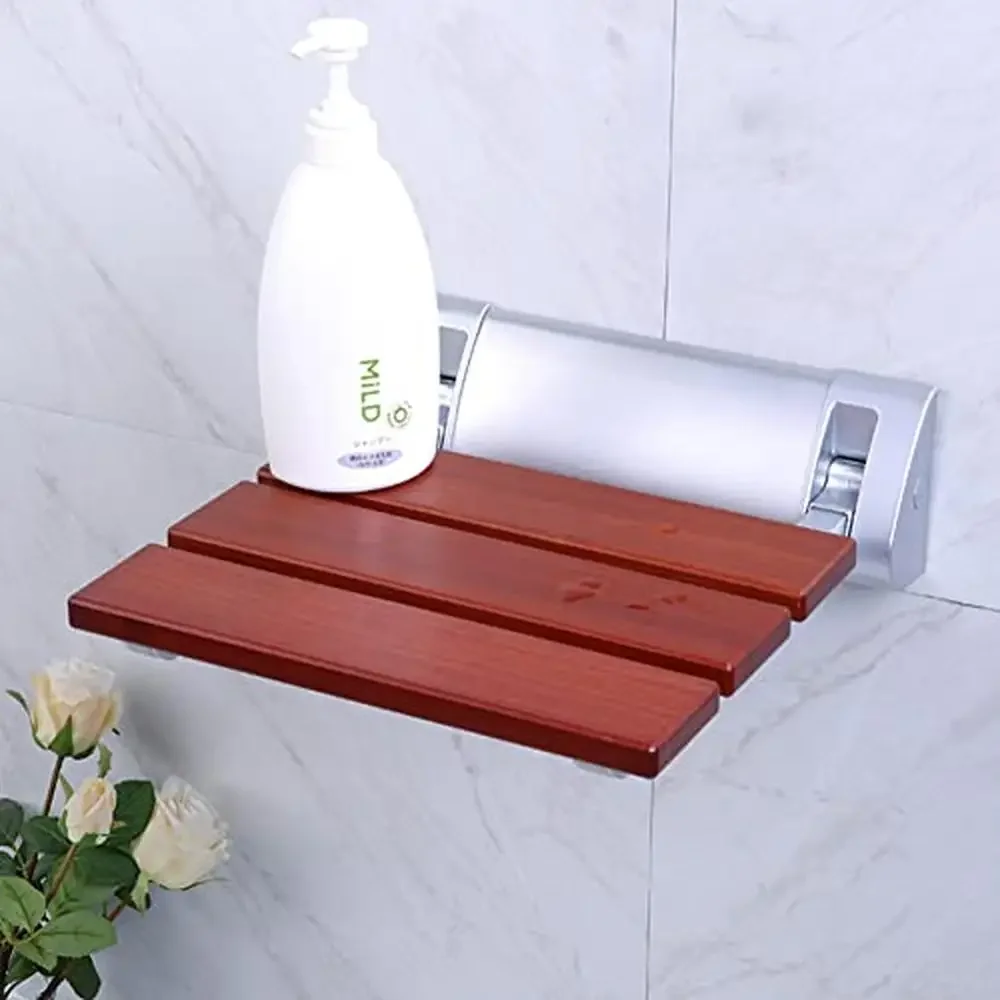 Folding Shower Seat Red Sandalwood Water-Repellent Lacquer Bathroom Bench Wall Mounted Stool 90° Foldable High-End Furniture 2
