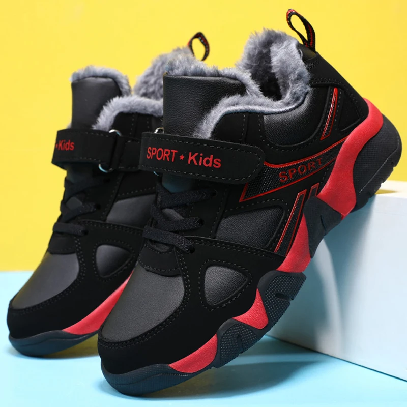 Baskets d'hiver en cuir chaud pour enfants, chaussures de Tennis confortables et décontractées pour Sports de plein air
