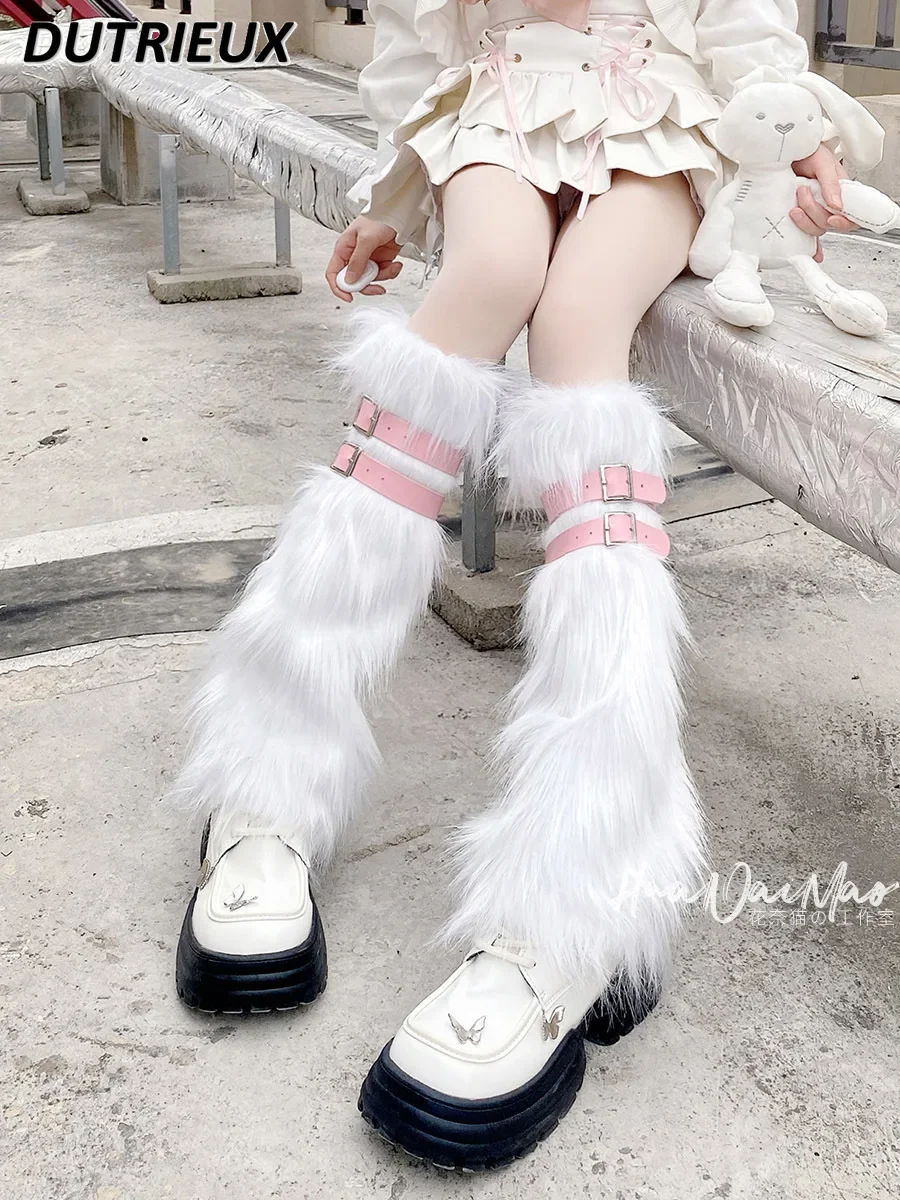 Y2k Hot Girl Fur Imitation Leg Warmer Warm Thickened Punk Leather Ring Sock Fleece-lined Tube Socks JK Foot Cover Legwarmers