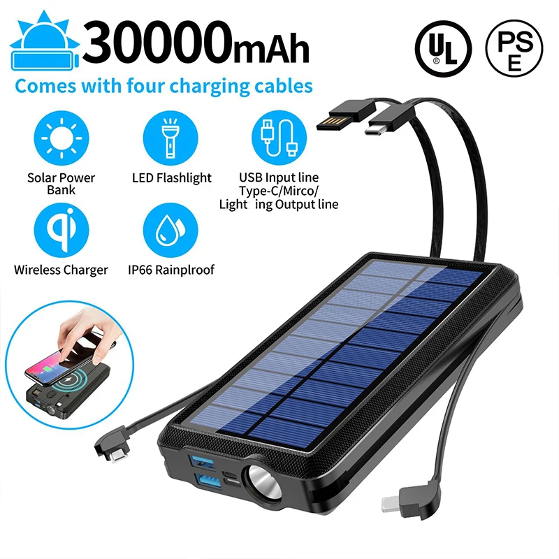 

30000mAh Wireless Solar Power Bank Built in Cable Portable Charger Powerbank for iPhone 14 X Samsung S22 Huawei Xiaomi Poverbank