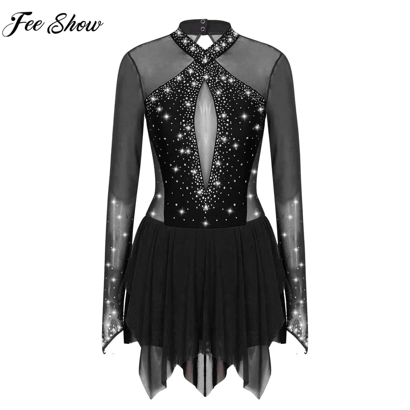 

Women Figure Skating Dance Dress Ballet Rhythmic Gymnastics Lyrical Dancing Leotard Tutu Long Sleeve Mesh Rhinestone Dancewear