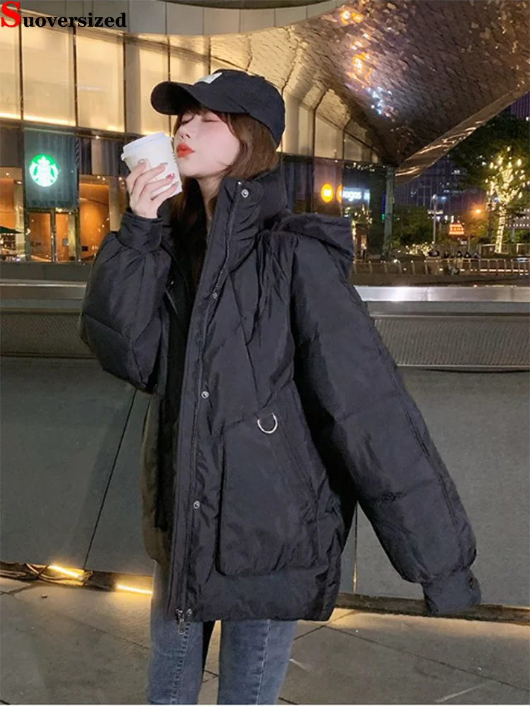 

Повседневная женская зимняя одежда, теплые куртки с хлопковой подкладкой, пальто большого размера 85 кг, новая Корейская ветрозащитная парка Casaco свободного кроя средней длины с капюшоном