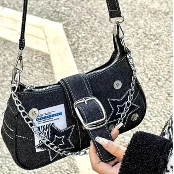 Y2k Fashion Women's Handbags Stars Pattern Cool Girls Underarm Bag Vintage Canvas Female Small Shoulder Bags Chain Tote Purses 1