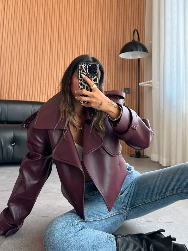 Women Retro Burgundy Leather Short Jacket Fashion Big Lapel Full Sleeves Pocket Loose Coats Lady Autumn Chic High Street Outwear 4