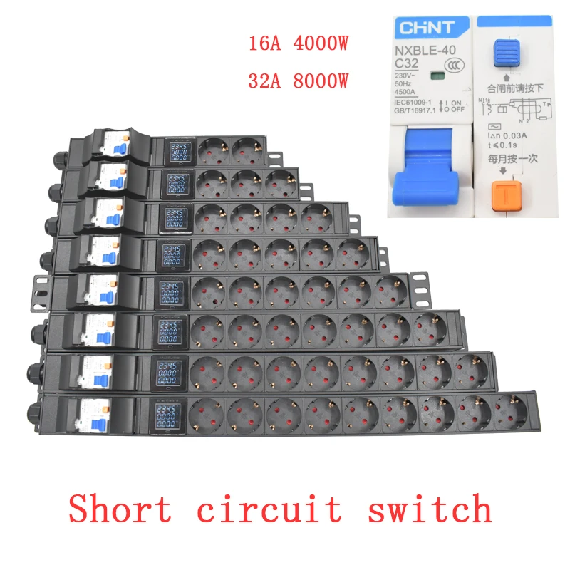 Pdu Power Strip com Interruptor de Curto-circuito 1-9 Way Tomada ue Tomada Gabinete do Medidor de Energia Rack Amperímetro Digital 16 a 32a