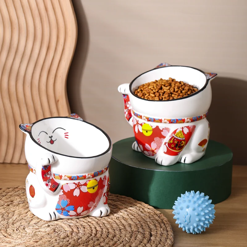 Pet Supplies Ceramic Cat Bowl Food Basin Tall Cat Bowl Oblique Japanese Style Wind Cute