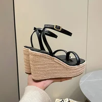2025 Summer New Buckle Square Head Hemp Wedge Sandals Thin Belt Braided Platform High Heel Shoes For Women - Image 6