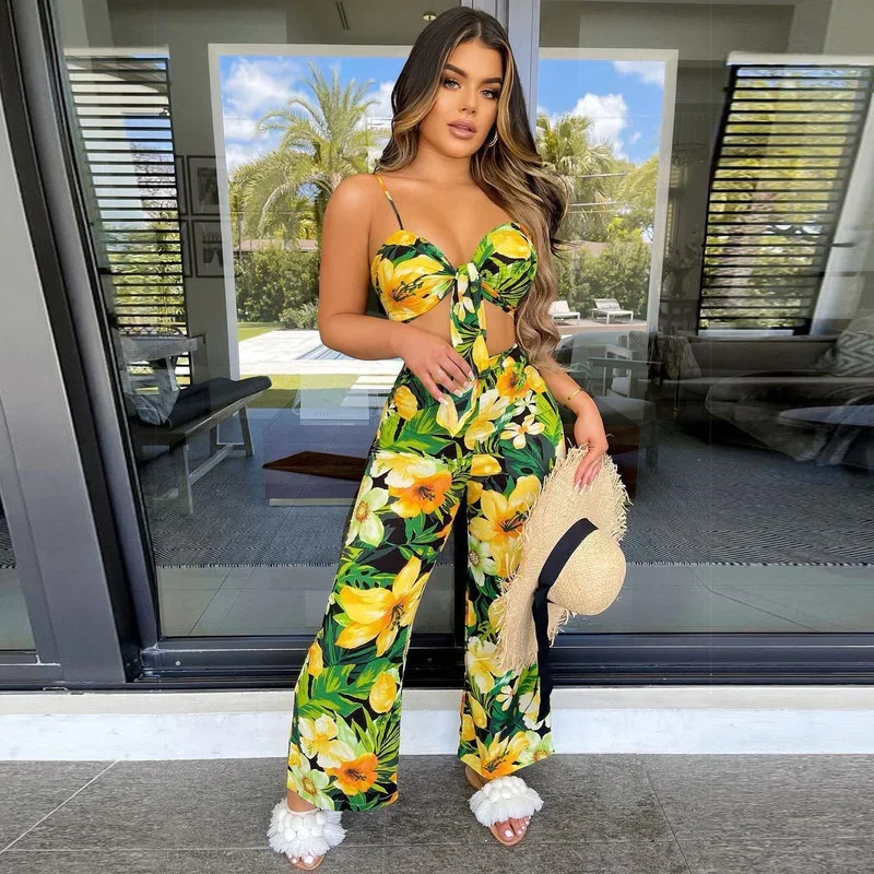 

WUHE Spaghetti Strap Floral Printed Tie Front Crop Top Wide Leg Pants Two Piece Set Sexy Summer Beach Women Overalls