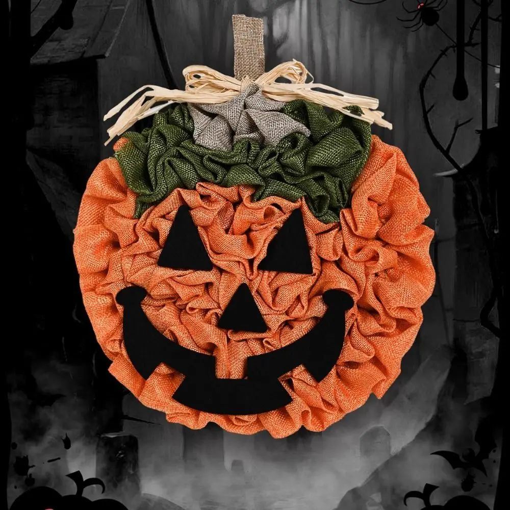 

Wall Hanging Pumpkin Burlap Wreath Ghost Festival Decoration Linen Orange Halloween Pumpkin Wreath Hand-woven Front Door