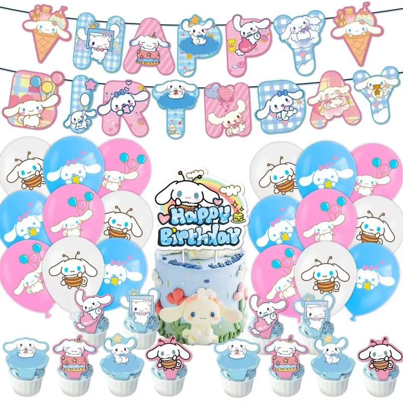 

Kawaii Sanrio Bee Cinnamoroll Birthday Party Decoration Cartoon Balloon Banner Cake Topper Hanging Swirls Room Background Layout