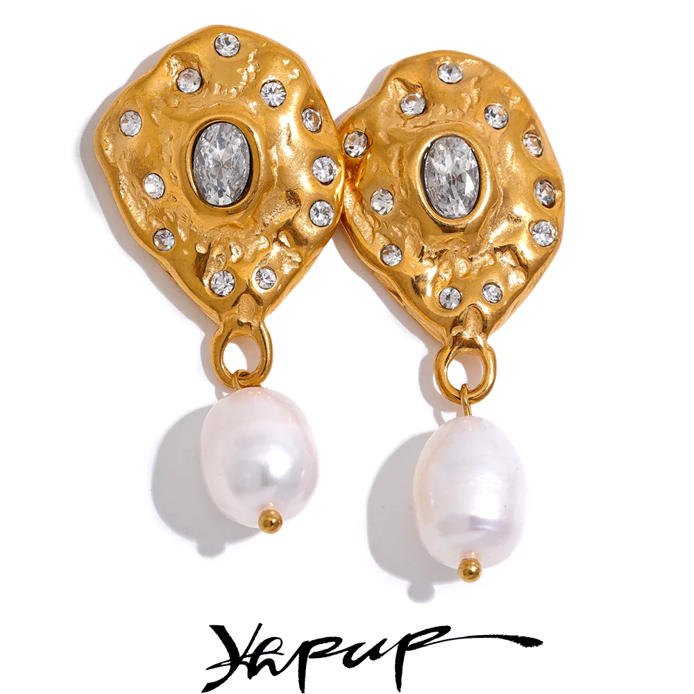 

Yhpup Fashion Stainless Steel Cast Pendant Drop Natural Pearls Vintage High Quality Earrings Jewelry Bijoux Women Inlay Zirconia