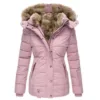 1 Pcs Women's Warm Fur Collar Cotton Down Jacket Zipper Long Sleeved Slim Fitting Hooded Cotton Jacket Outdoor Winter Warm Coat 3
