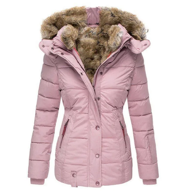 1 Pcs Women's Warm Fur Collar Cotton Down Jacket Zipper Long Sleeved Slim Fitting Hooded Cotton Jacket Outdoor Winter Warm Coat 3