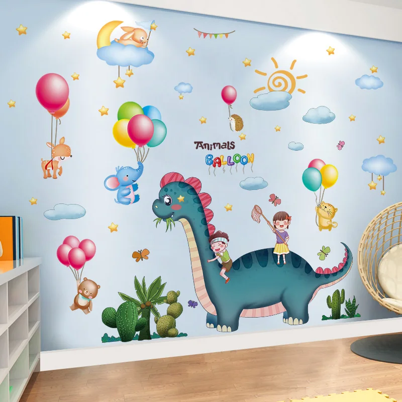 Dinosaurs Animals Wall Stickers Decor DIY Cartoon Balloons Tree Mural ...