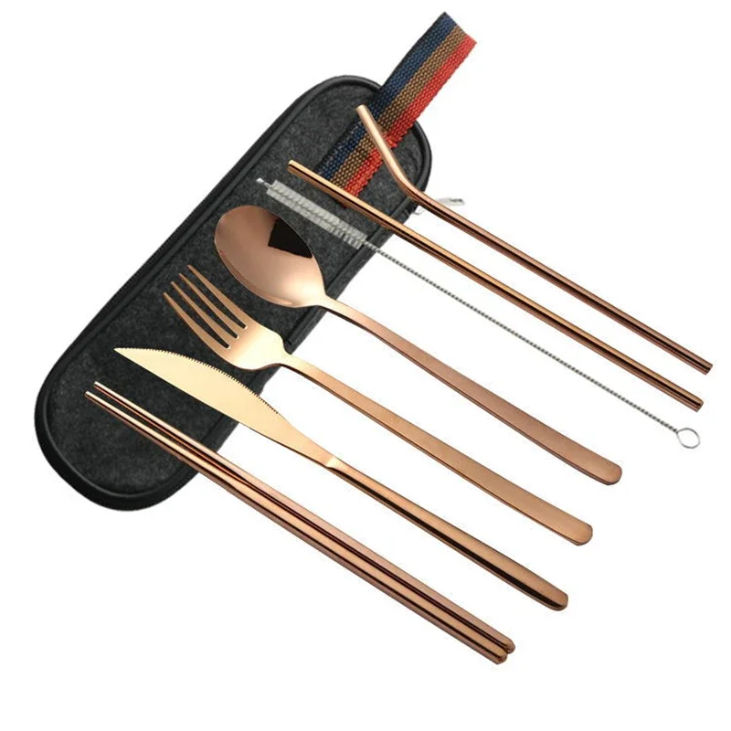 7PCS/Set Cutlery Spoon Fork Chopsticks Juice Straw Lunch Tableware With Bag Brush Stainless Steel Dinnerware Kitchen Accessories picnic cutlery set western style cutlery set picnic tableware camping cutlery set stainless steel cutlery set cutlery set wooden cutlery set ceramic dinnerware set