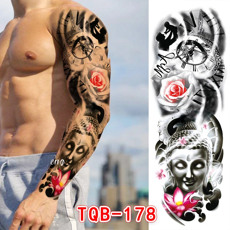 Temporary Tattoos Sleeve Realistic Fake Tattoo Warrior Lion Tiger Flower Full Arm Tattoo Sticker Black Totem Maori For Men Women