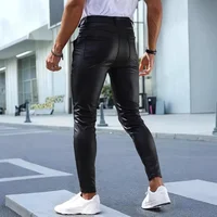 Pantalon Long en cuir pour hommes, coupe cintrée, motard d'extérieur, pantalon en cuir PU, jean serré, pantalon à pieds, Style rétro, tissu mixte 3