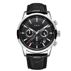 Premium LIGE Men's Leather Chronograph Waterproof Sport Watch (Silver black)