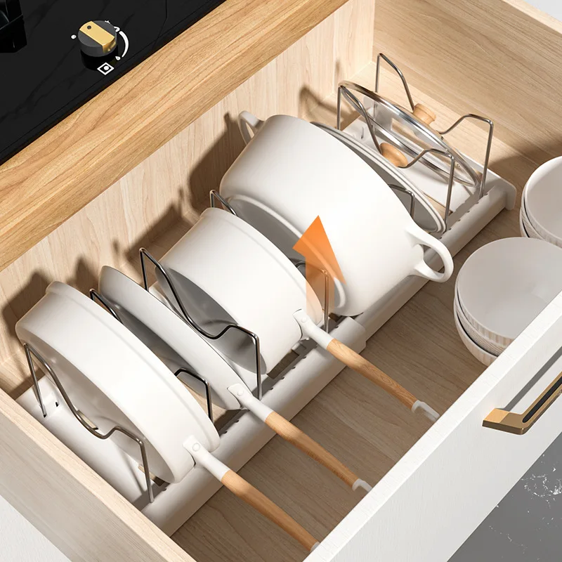 Expandable Kitchen Cabinet Pot Lid Organizer Rack Adjustable Divider Retractable Compartments Dish Storage Utensils Racks Holder 2