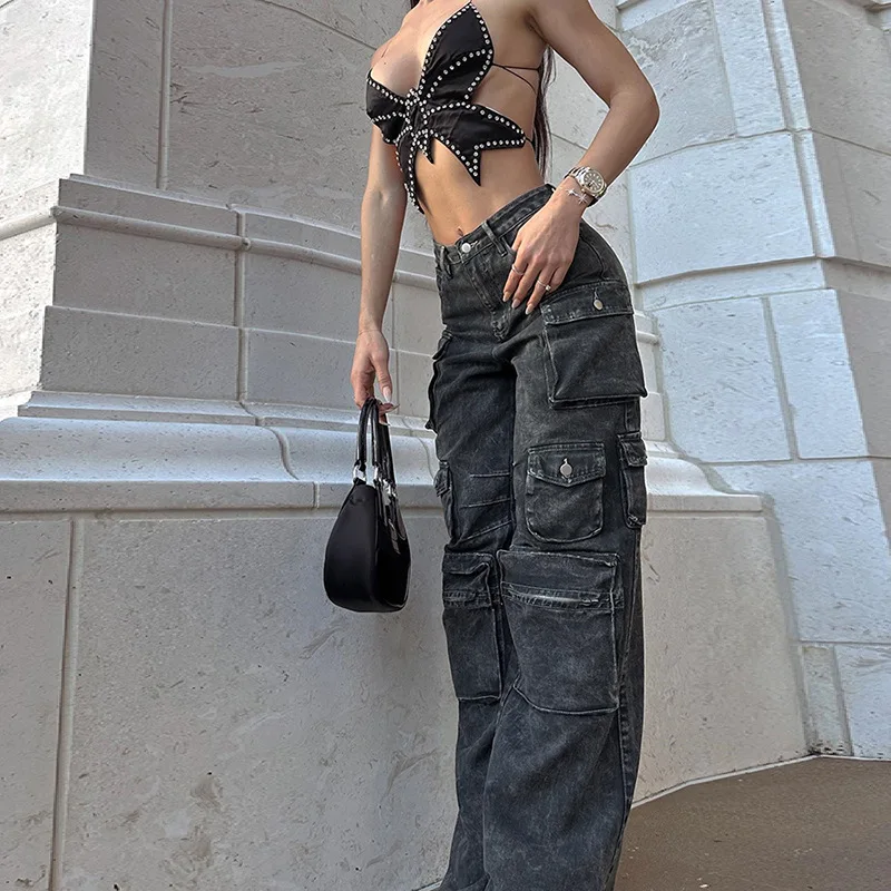 Pocket Solid Color Overalls Jeans Women's Y2K Street Retro Loose Wide-Leg Overalls Couple Casual Joker Mopping Jeans Pants Women pink multi pocket overalls jeans female y2k punk hip hop gothic loose fashion jeans 2023 autumn new american retro high street