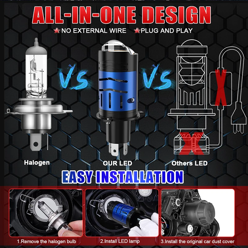Enhanced LED Projector Headlight Bulb - Ultra-Bright, High/Low Beam, Plug & Play, 12V, 6000K