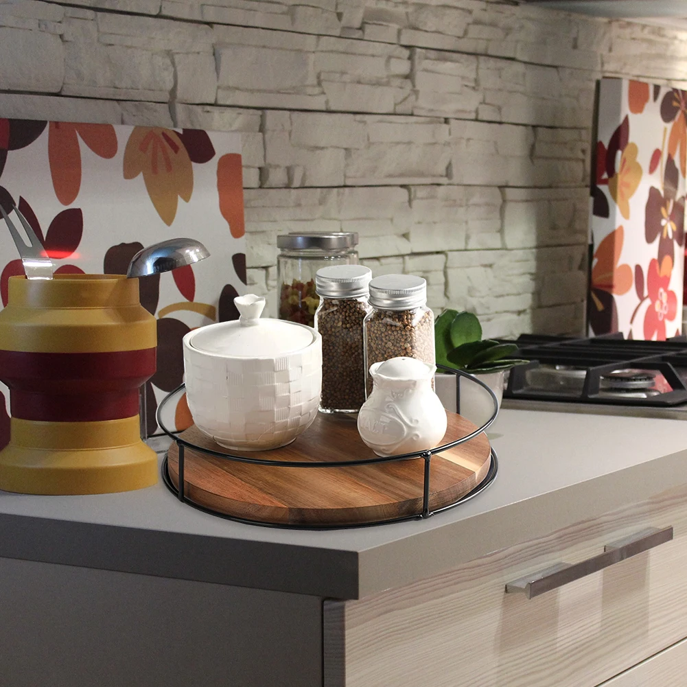360 Degree Rotating Countertop Storage Rack Versatile Rotating Storage Rack Round Wooden Turntable Organizer for Kitchen Pantry