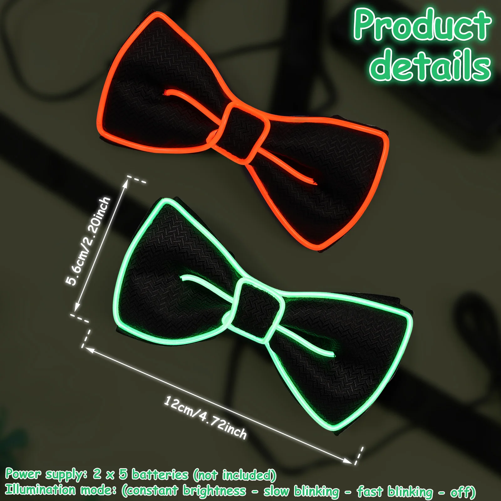 2Pcs Fashionable Light Up Bow Tie Creative Glowing Bow Tie Versatile Neon Accessories for Men Women Party Prom Show Holiday