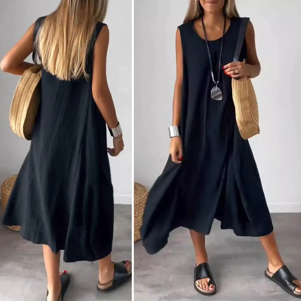 

Women A-line Dress Solid Color Loose A-line Midi Dress O Neck Pleated Beach Sundress for Women Wear with Big Hem Women Dress