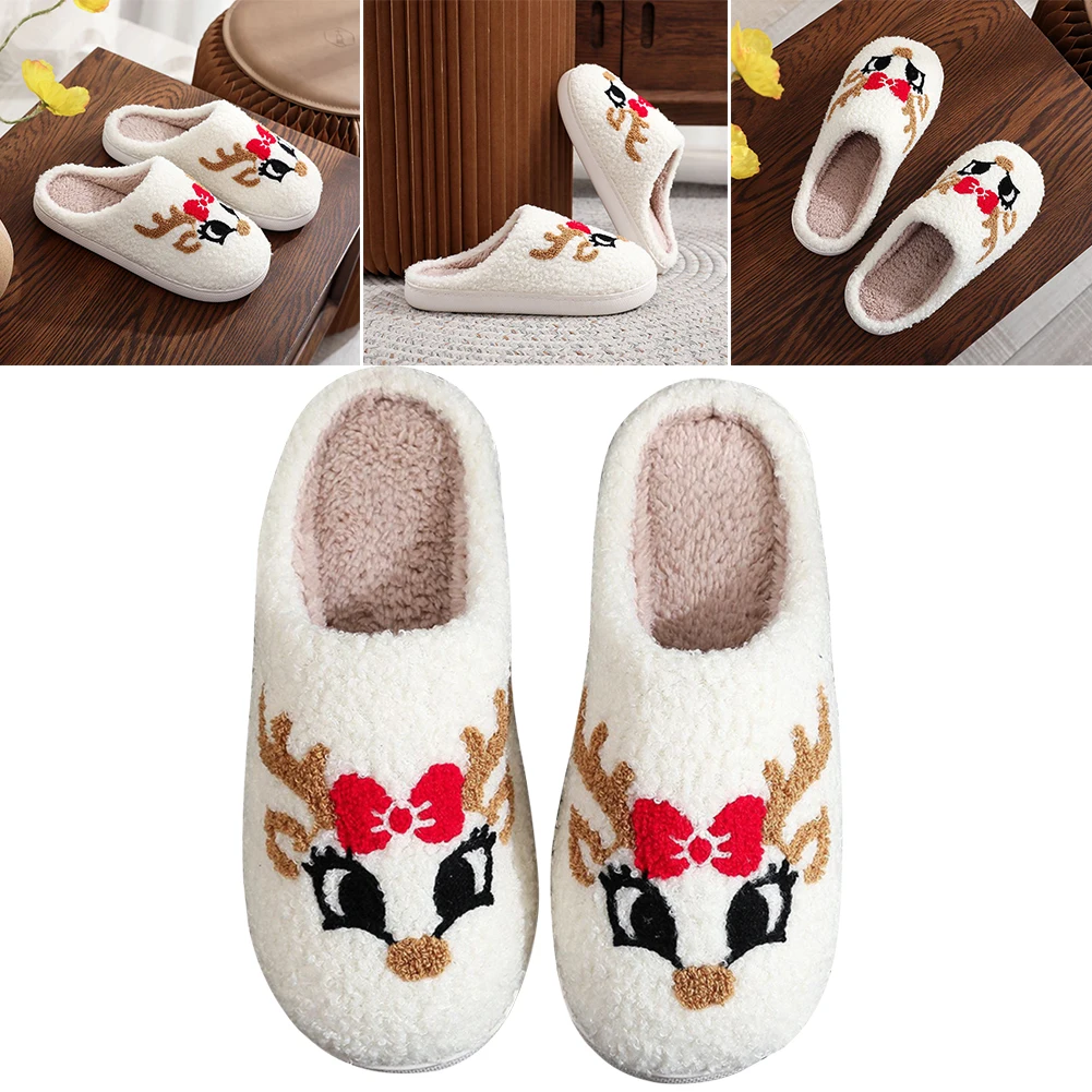 Reindeer Fuzzy Indoor Slippers Cartoon Plush Closed Toe Slippers Cute Plush Slip-on House Shoes with Red Bow for Winter Indoor
