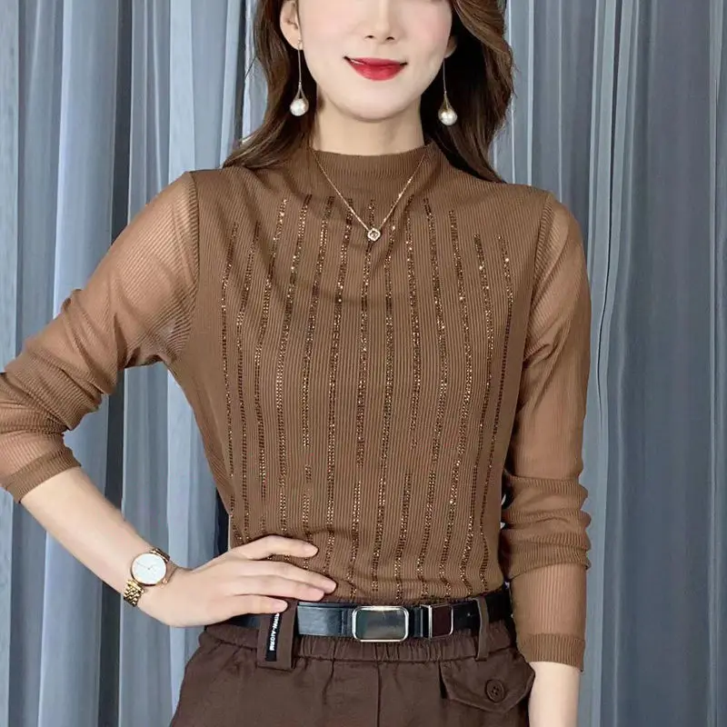 Fashionable and Elegant Women's Top with Hollowed Out Half High Collar Long Sleeves Simplicity Solid Color Commuting Pullover