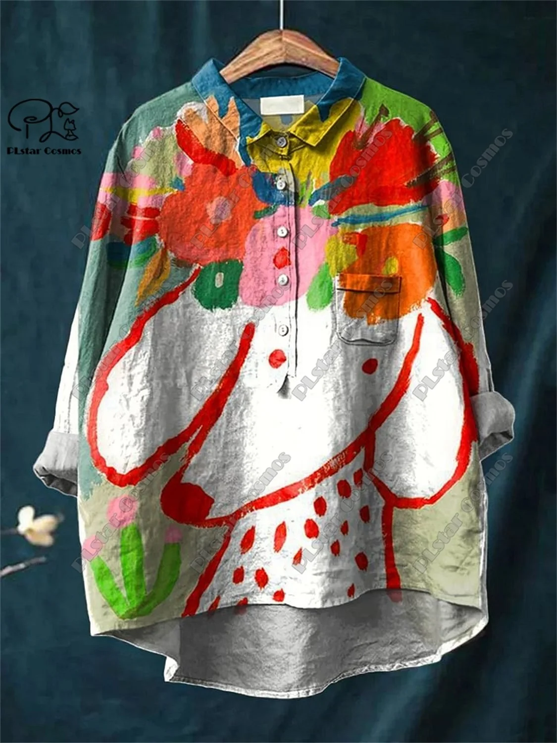 Women casual loose high-low tunic shirts in beige, pink, purple, and sage green featuring colorful rainbow stripes and artistic puppy prints