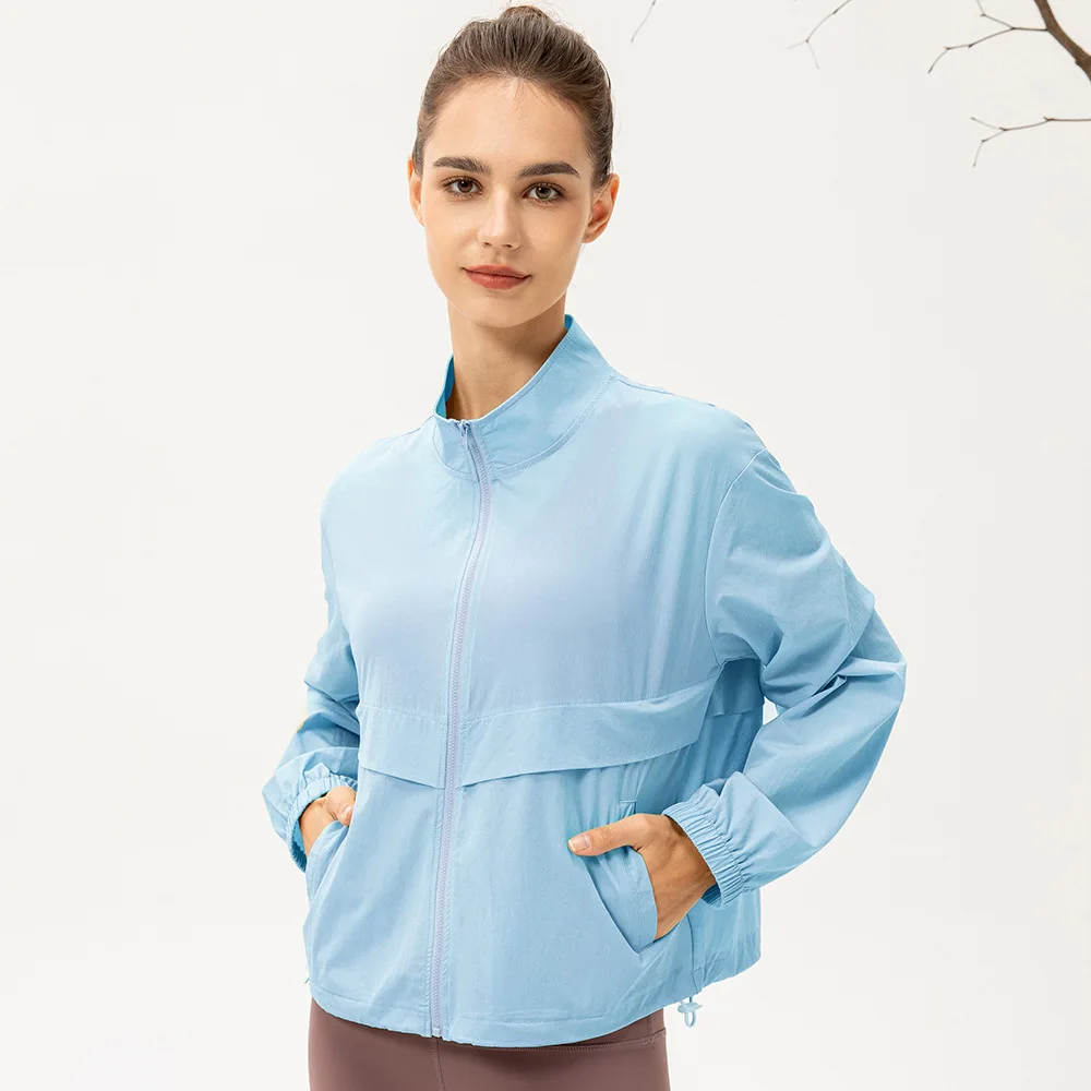 thumbnail image 1 of Novedad de verano, chaqueta informal holgada con cuello levantado y cremallera para mujer, para gimnasio, Yoga, Fitness, para correr al aire libre, transpirable, Top con cordón de secado rápido, 1 of 5