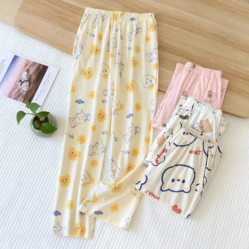 

Trousers Ancho Pantalones De Mujer Suelto Pijama Pyjama Femme Pants Women Pajama Knitted Cotton Sleep Wear Soft Cartoon Pantalon