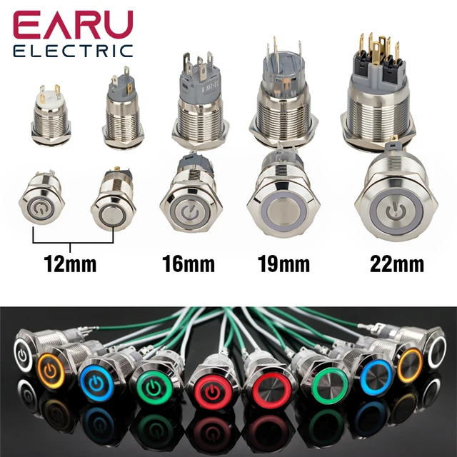 12/16/19/22mm Waterproof Metal Push Button Switch LED Light Momentary Latching Car Engine Power Switch 5V 12V 24V 220V Red Blue