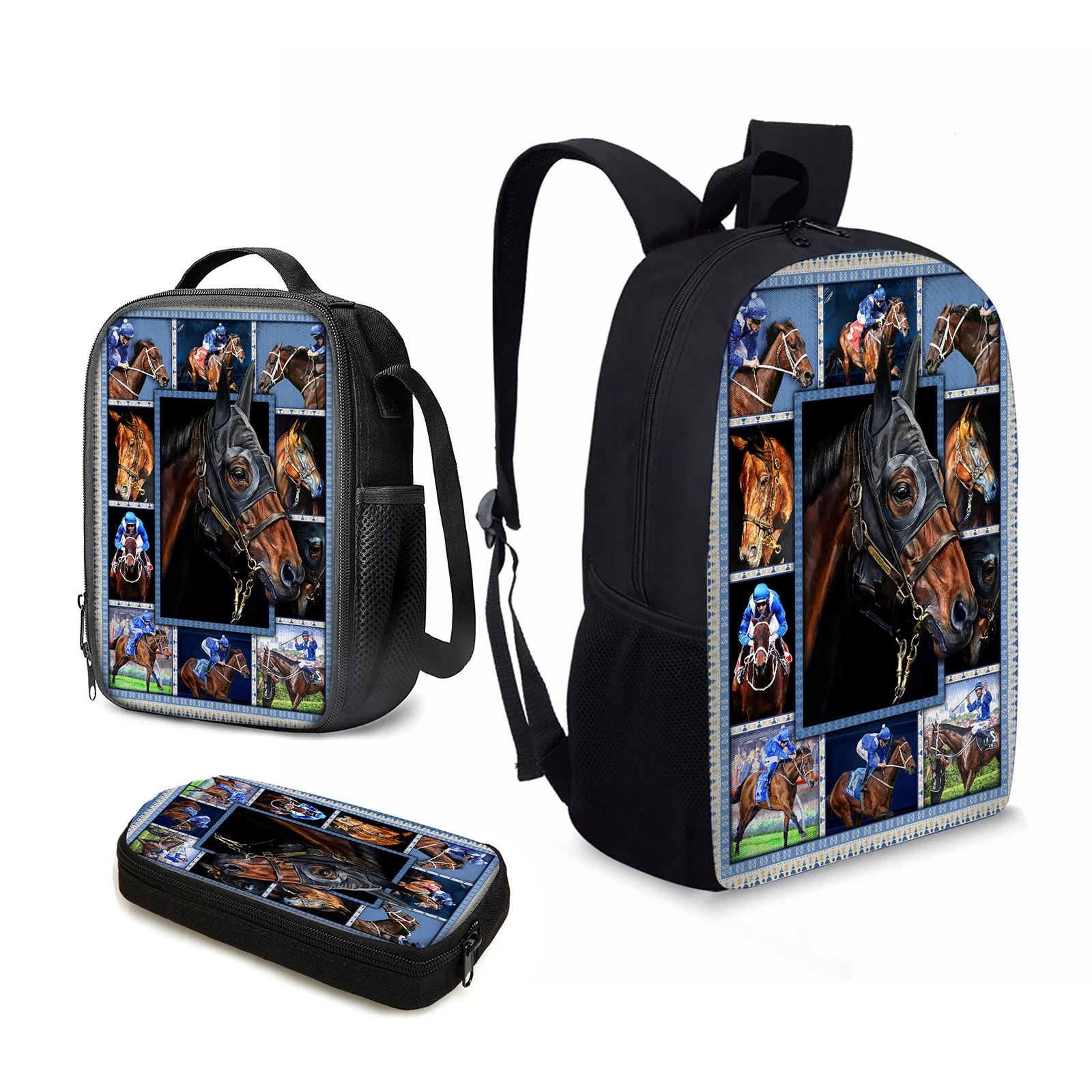 

YIKELUO 3D Black Horse Design Durable Backpack Student Textbook Knapsack With Zip Animal Print Insulation Lunch Bag Pencil Case