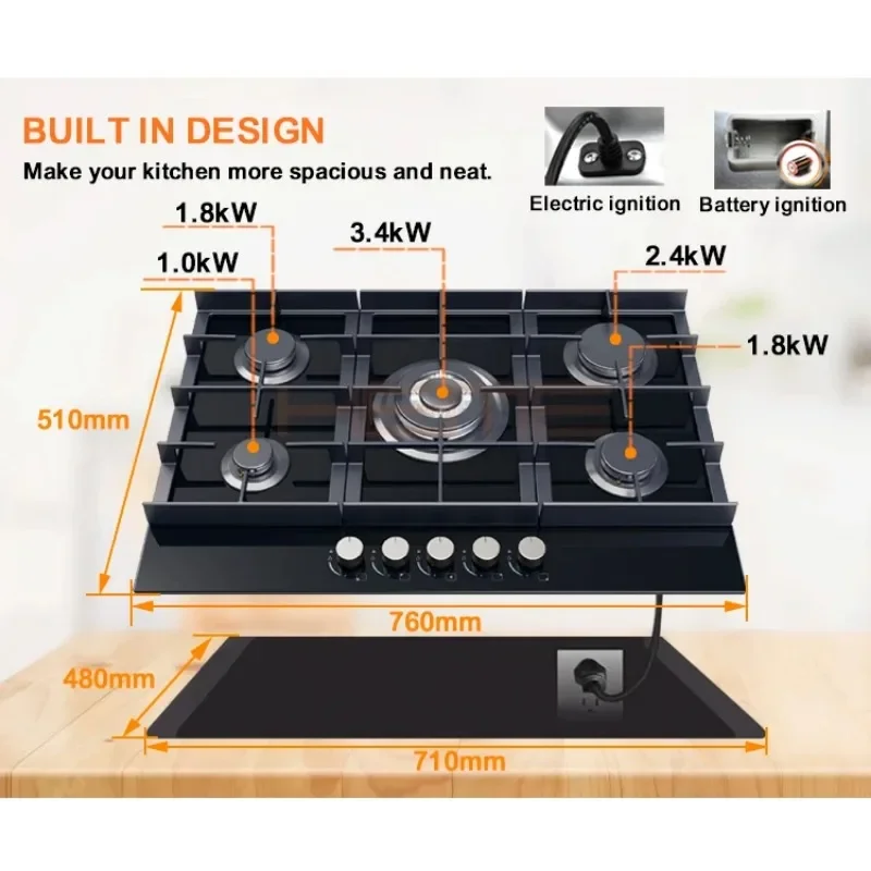 Home cooking appliance 5 burner gas cooktop built in tempered glass gas stove