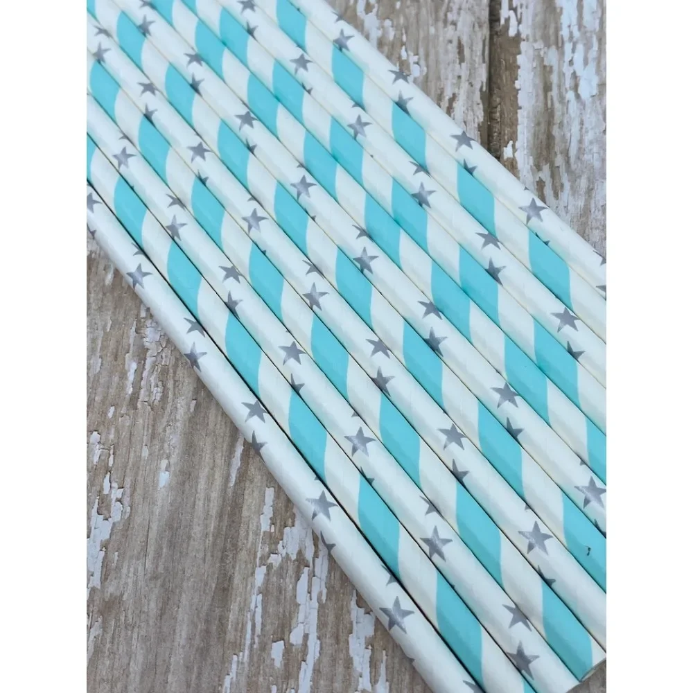 Paper Straws, 50 Baby Blue and White Stripe Straws and Silver Star straws